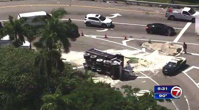 Dump truck flips over on I-95 exit ramp - WSVN 7News | Miami News ...