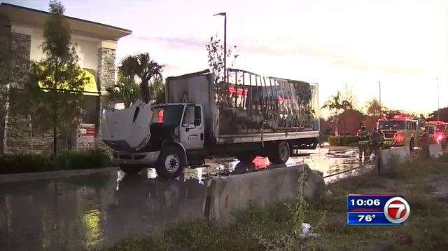 Box truck catches fire near Miami Lakes gas station - WSVN 7News ...