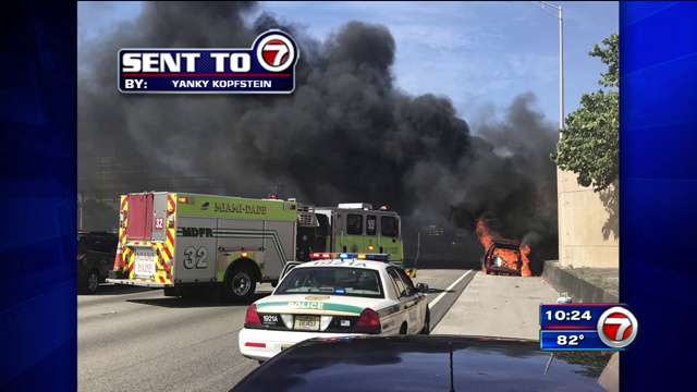 Driver hurt after car catches fire on I-95 in North Miami-Dade - WSVN ...
