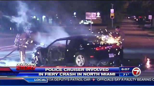 Car catches fire after hitting police vehicle in North Miami - WSVN ...