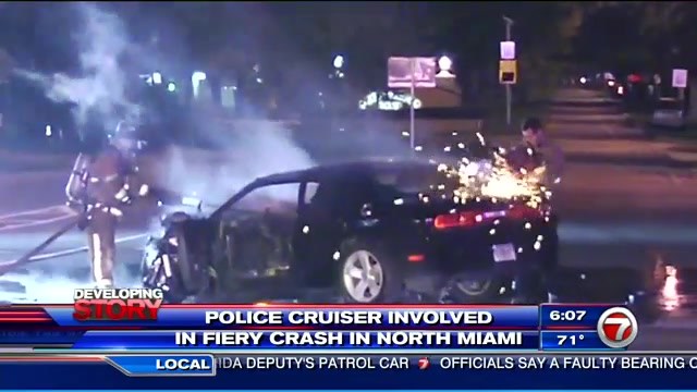 Car catches fire after hitting police vehicle in North Miami - WSVN ...