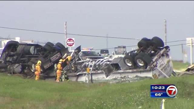 Oil tanker spills fuel after crash involving several semi-trucks - WSVN ...