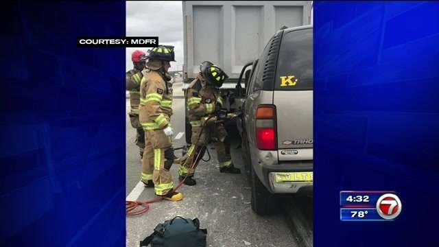 Crews free driver pinned after dump truck crash in Hialeah - WSVN 7News ...