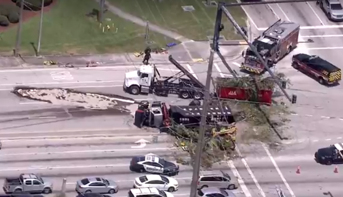 Landscaping truck rolls over, spills fuel in Deerfield Beach WSVN