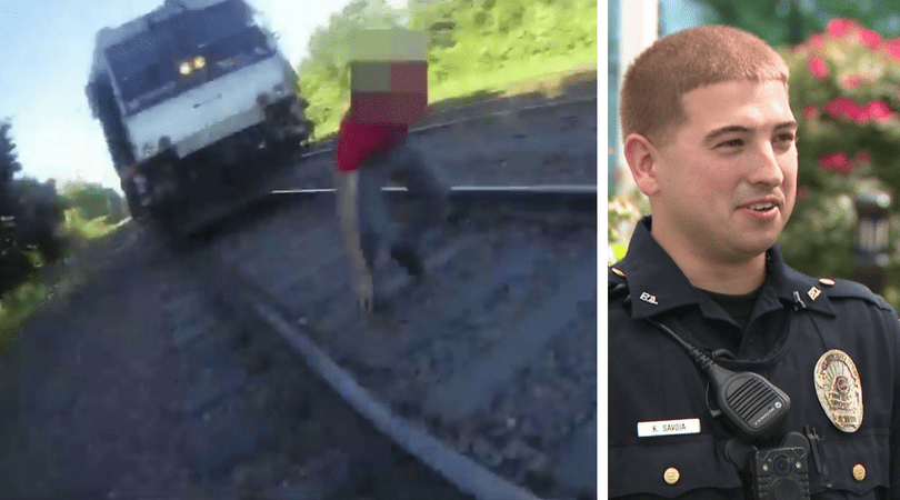 Video shows rookie police officer saving man from being struck by train