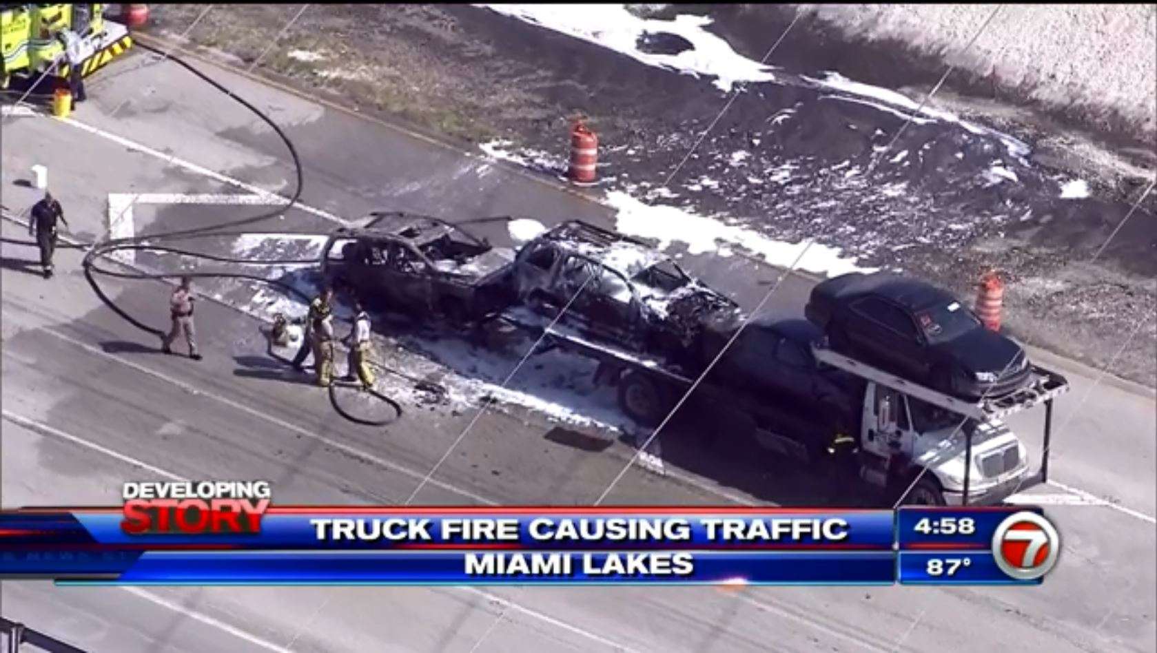 3 vehicles on car carrier truck catch fire in Miami Lakes - WSVN 7News ...