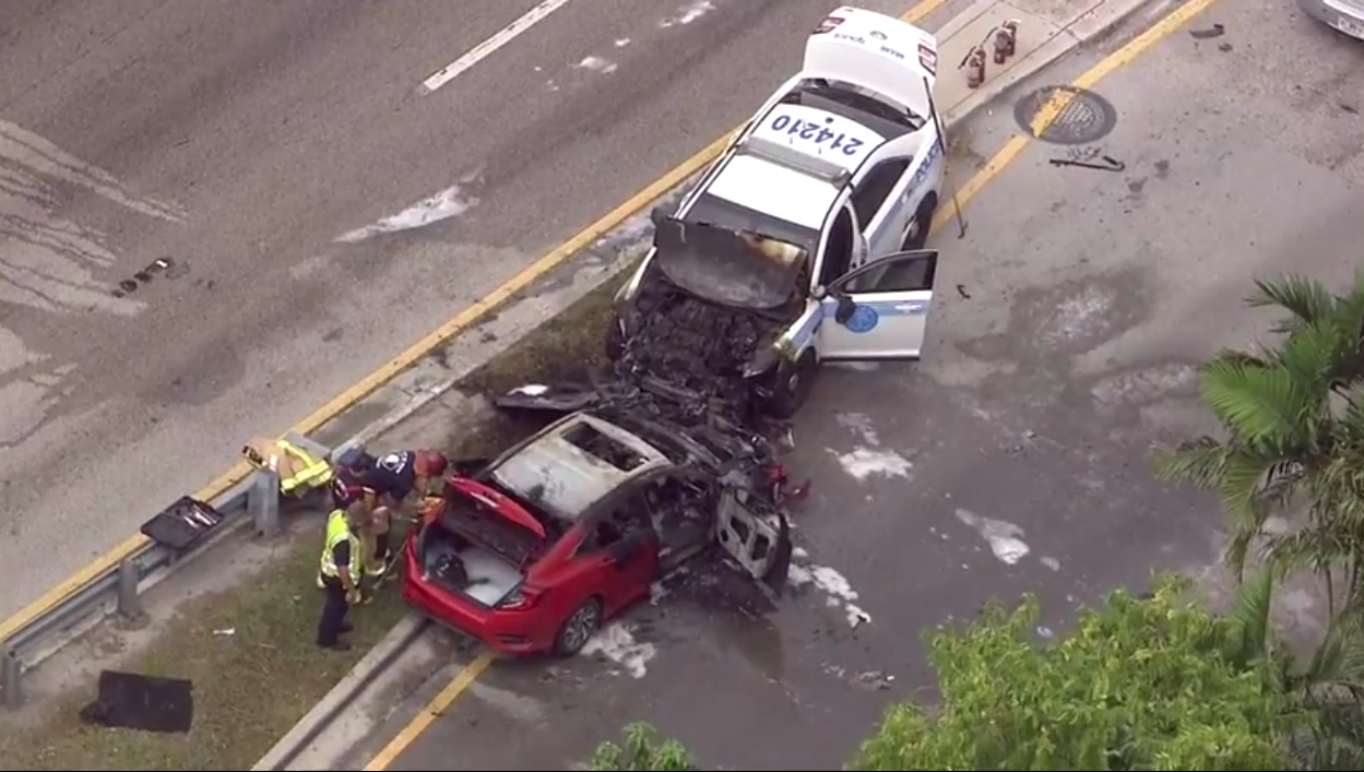 Miami Police pursuit of robbery suspect ends in fiery crash - WSVN ...