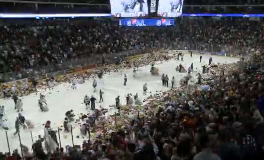 Hockey fans throw over 34,000 teddy bears on the ice for charity WSVN