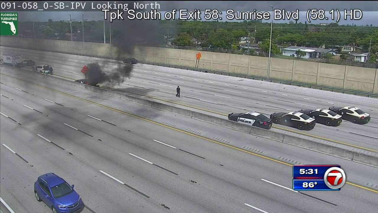Vehicle catches fire on southbound Turnpike near Bird Road - WSVN 7News ...