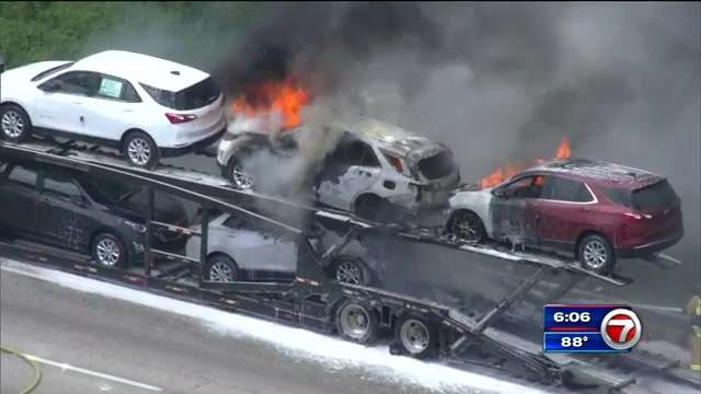 Turnpike lanes reopen in Hollywood after car carrier fire - WSVN 7News ...