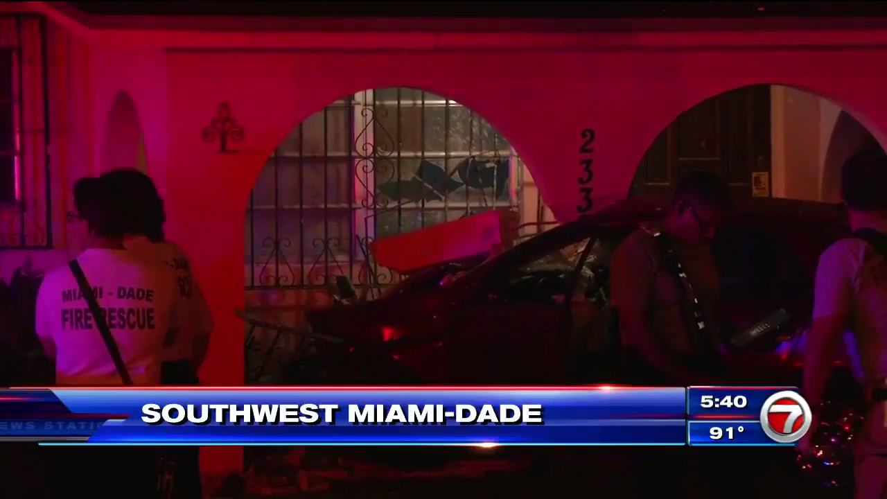 Car slams into front porch in SW Miami-Dade; no injuries - WSVN 7News ...