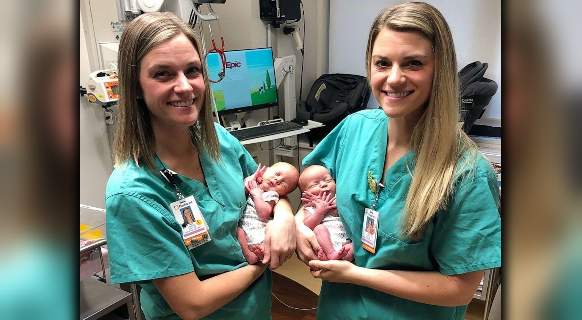 Identical twin babies were delivered by identical twin nurses at a