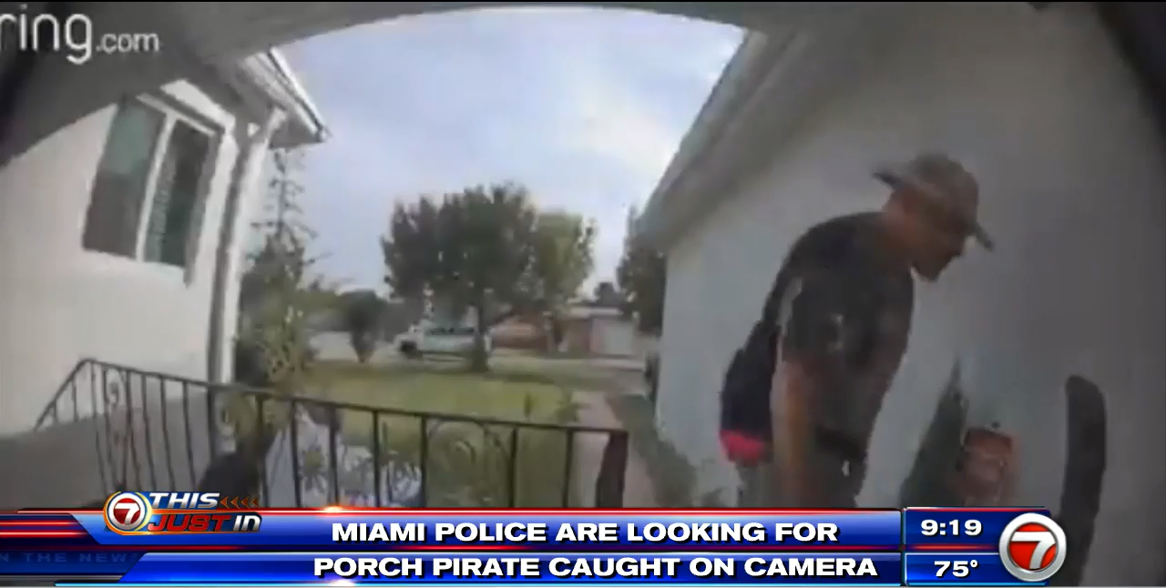Surveillance cameras capture porch pirate targeting 2 Miami homes