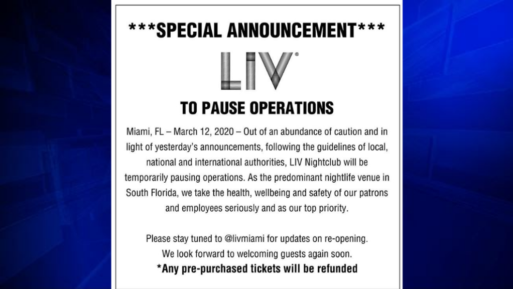 Two of Miami's top clubs close due to coronavirus state of emergency