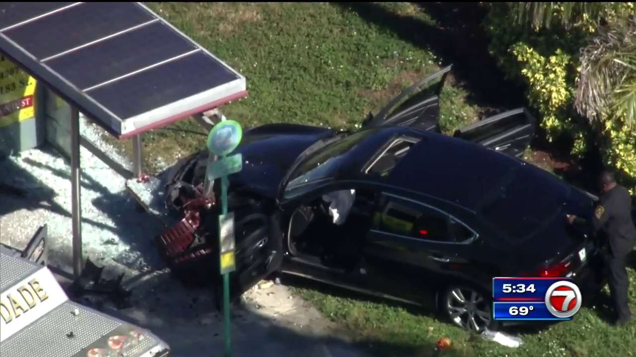 2 injured after car crashes into bus bench in Miami Gardens - WSVN ...