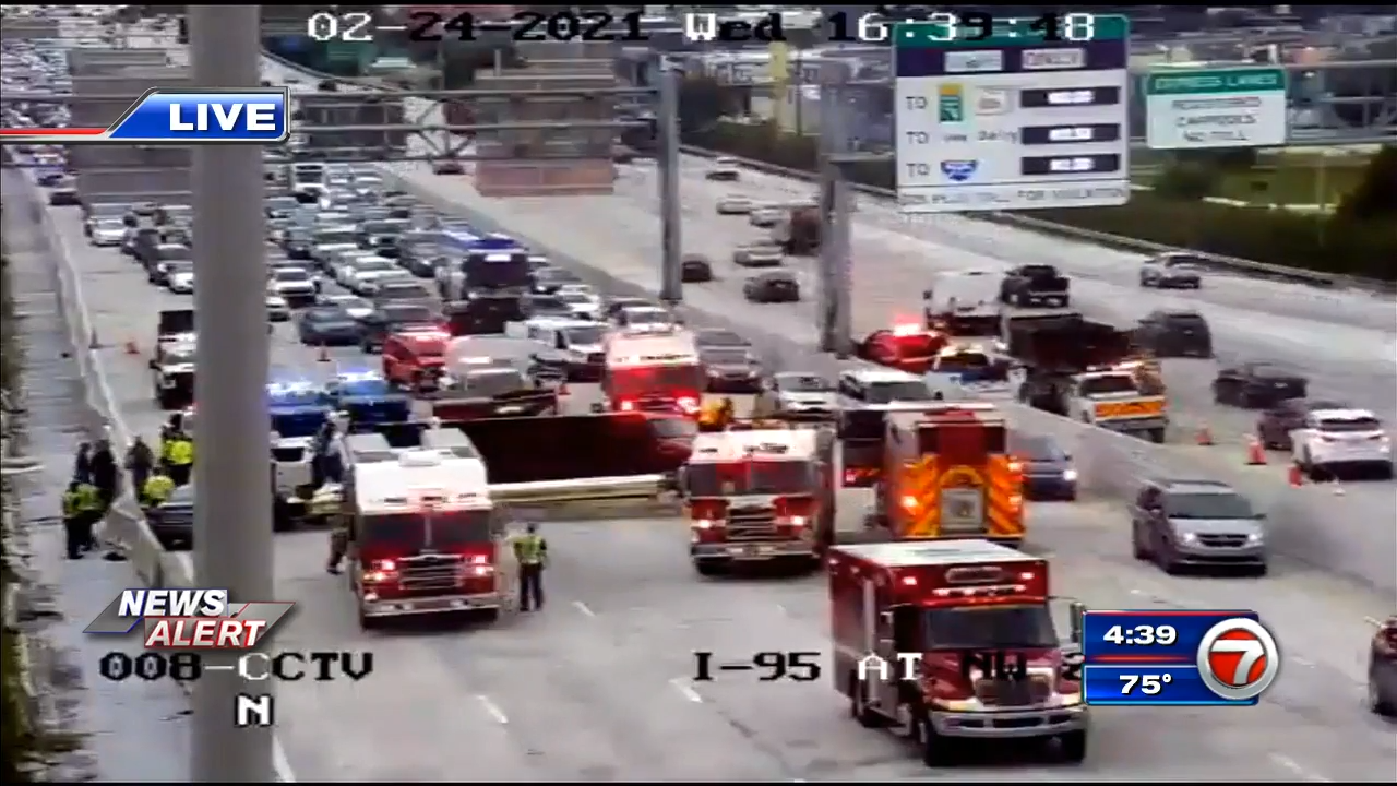 Crash involving overturned truck blocks several lanes along SB I-95 at ...