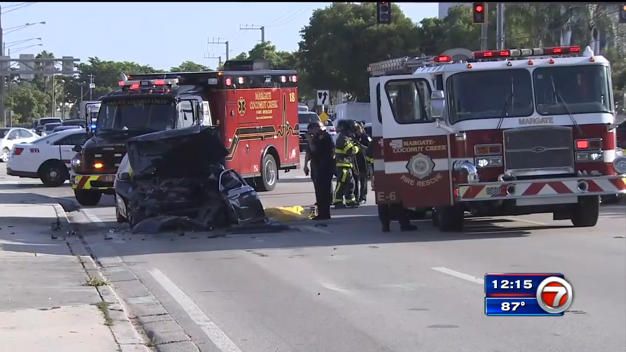 Woman dead after crashing vehicle into public bus in Margate WSVN