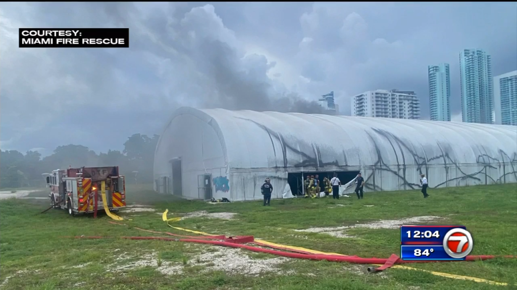 City of Miami firefighters extinguish flames inside event tent – WSVN ...