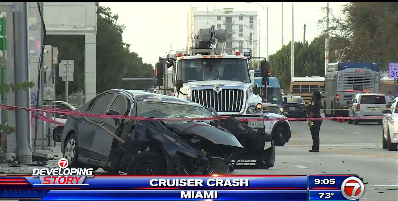Car accident on a Miami street with police and insurance adjusters