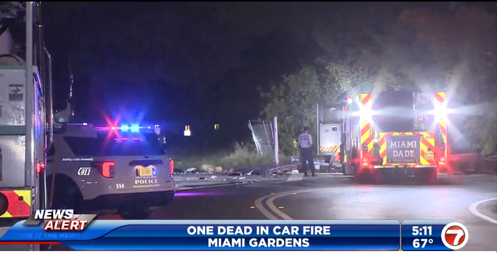 Driver dead after car fire in Miami Gardens – WSVN 7News | Miami News, Weather, Sports