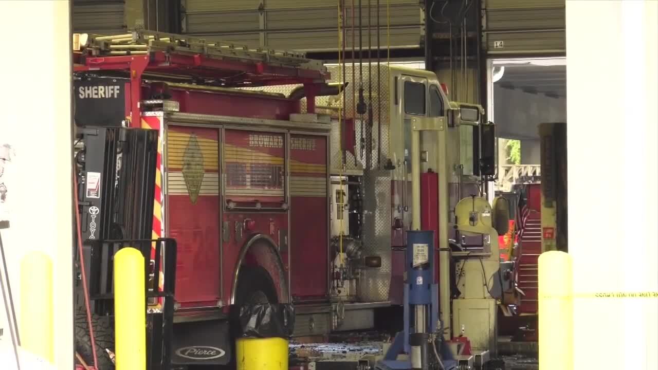Broward Sheriff Fire ladder truck catches on fire while parked in