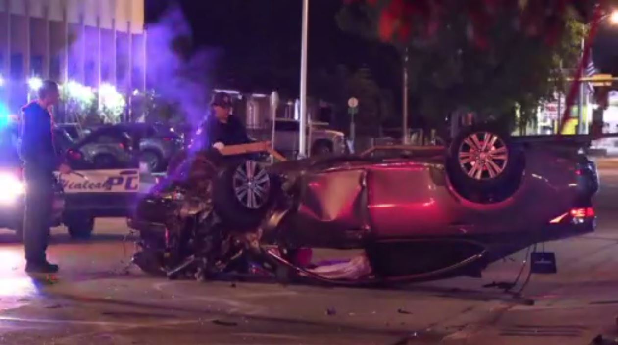 Car rolls over onto electric pole in Hialeah; no reported injuries