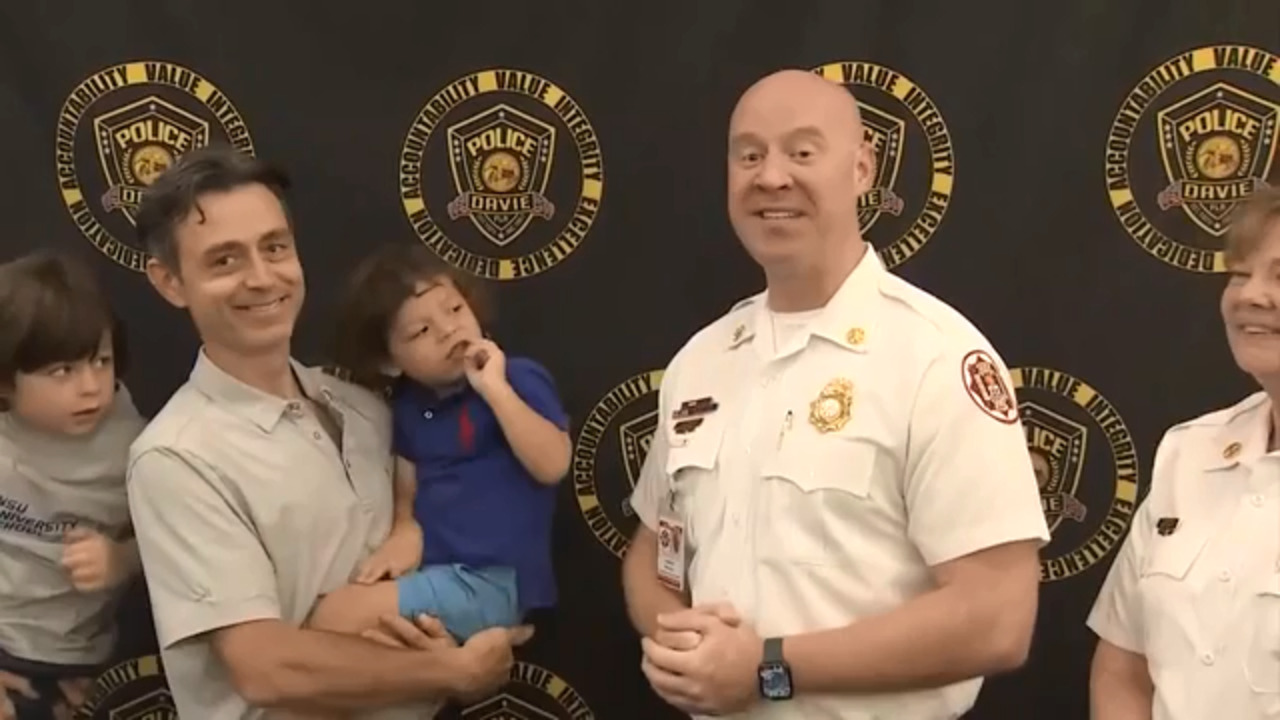 Reunion with first responders in Davie celebrates toddlers recovery cousin who saved him through CPR  WSVN 7News  Miami News Weather Sports  Fort Lauderdale