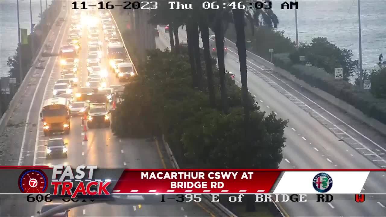 Fallen tree blocks lanes on eastbound MacArthur Causeway causing