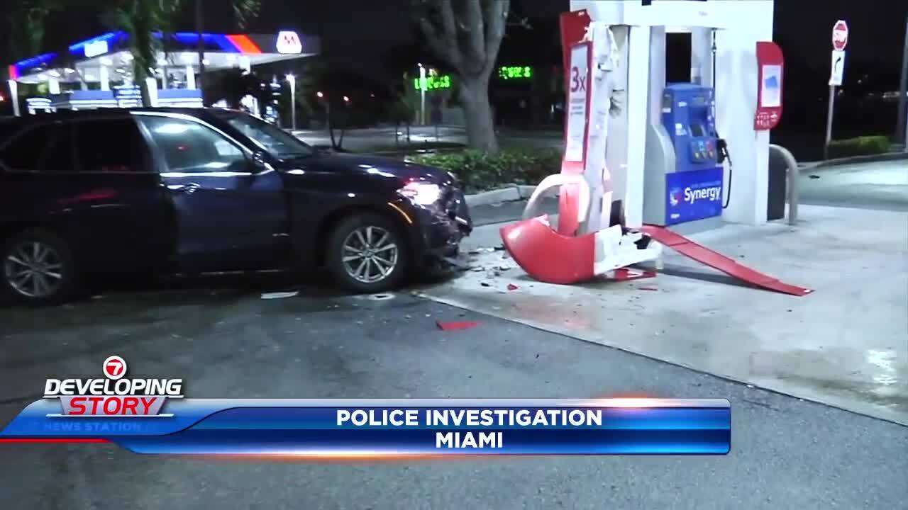 Man in custody after crashing stolen BMW into Miami gas station - WSVN ...