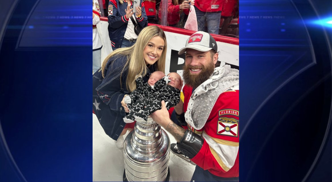 Panthers’ Jonah Gadjovich’s newborn twins pose inside Stanley Cup