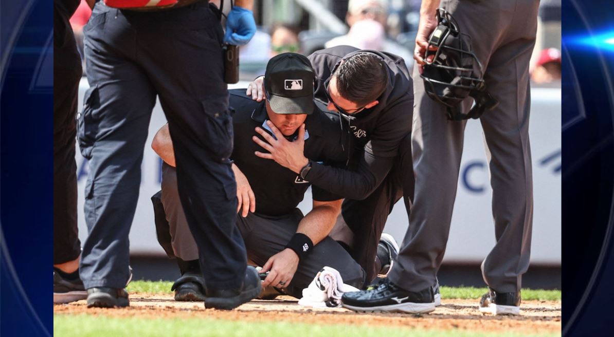 Umpire at Yankee Stadium taken off on a gurney after being struck by broken bat – WSVN 7News | Miami News, Weather, Sports | Fort Lauderdale