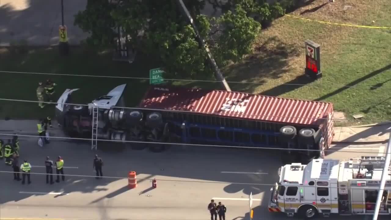 Truck flips on its side after crash in Hollywood; EB Griffin Rd lanes blocked - WSVN 7News | Miami News, Weather, Sports