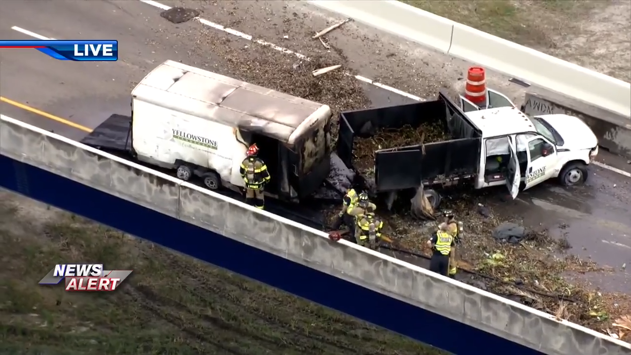 Fire crews extinguish flames that erupted on lawn truck on EB ramp of I ...