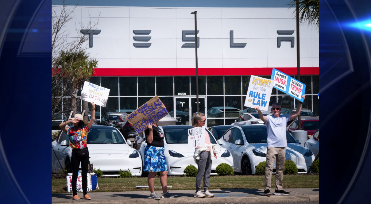 ‘Tesla Takedown’ protesters gather outside showrooms to rally against