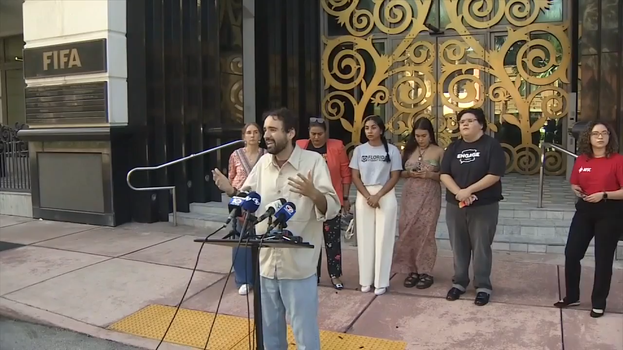 Protesters gather in front of FIFA offices in Coral Gables against ICE presence at upcoming World Cup – WSVN 7News | Miami News, Weather, Sports | Fort Lauderdale