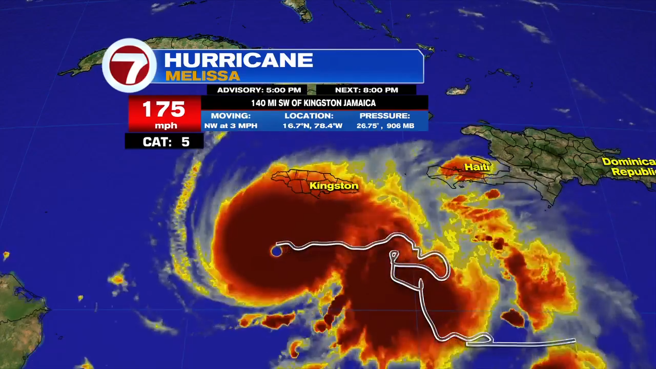 KINGSTON, Jamaica (AP) — Hurricane Melissa intensified into a Category 5 storm Monday as it drew closer to Jamaica, where forecasters expected it to unleash catastrophic flooding, landslides and<a class="excerpt-read-more" href="https://wsvn.com/news/us-world/hurricane-melissa-bears-down-on-jamaica-and-threatens-to-be-the-islands-strongest-recorded-storm/">Read More</a>