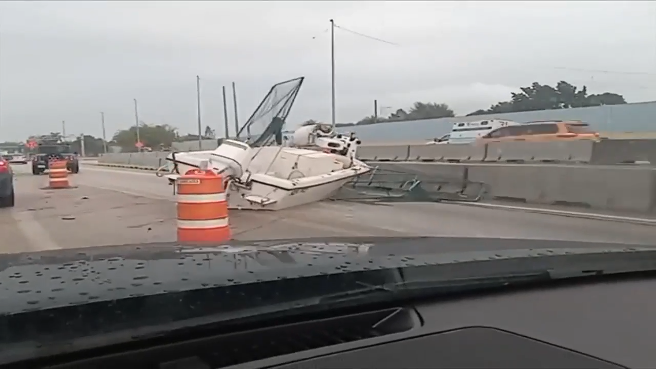 Boat falls off trailer causing blockage on I-95 near Hard Rock Stadium