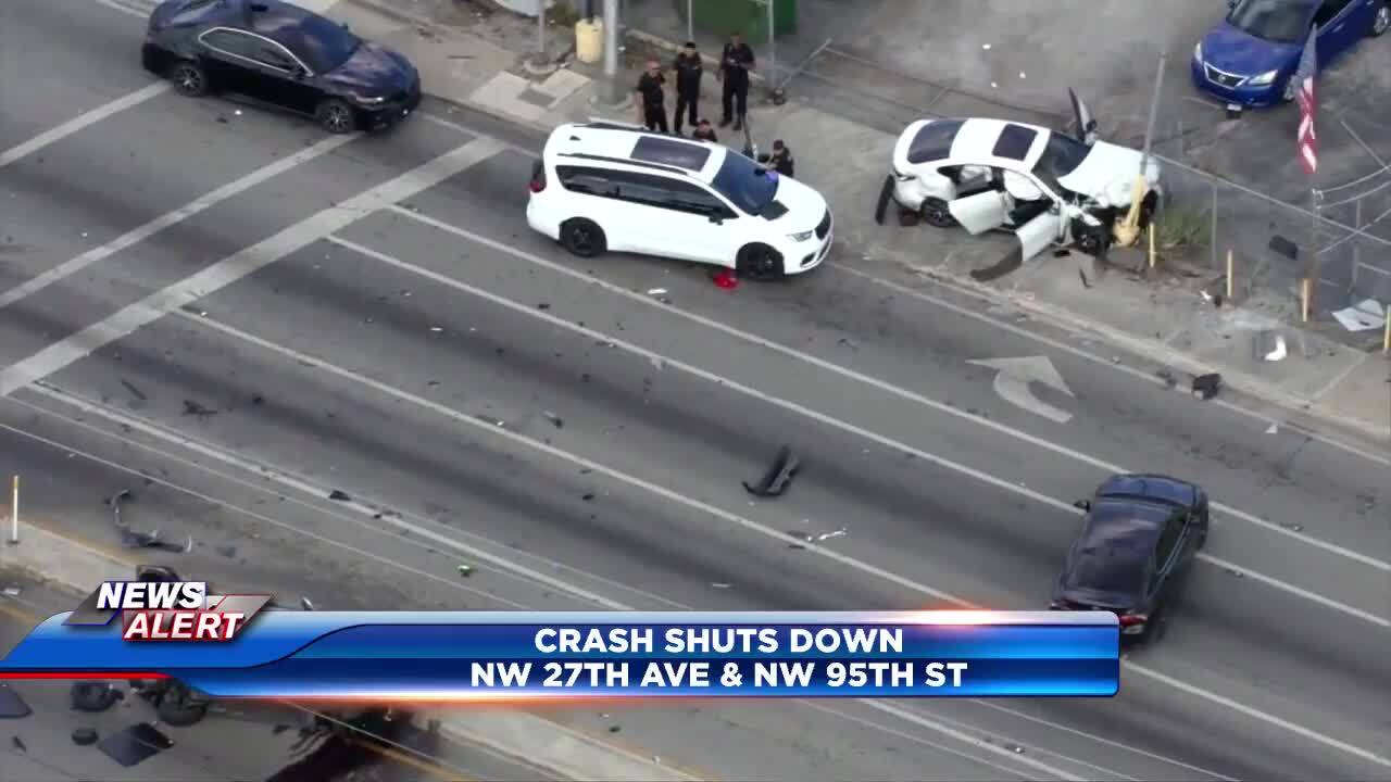 3 alleged burglary subjects arrested, hospitalized after crashing car in NW Miami-Dade; civilian hospitalized