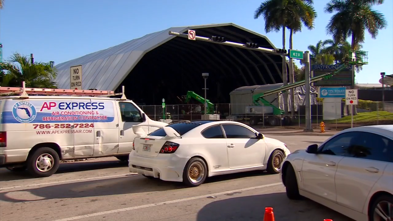 Crews begin setting up stages for Ultra Music Festival at Bayfront Park ahead of traffic closures