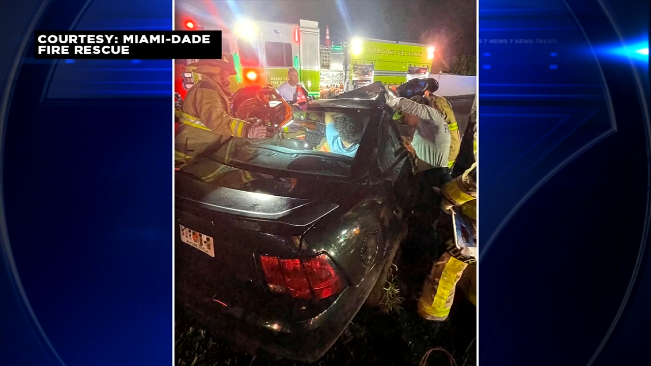 Driver extricated after crashing car into tree in SW Miami-Dade