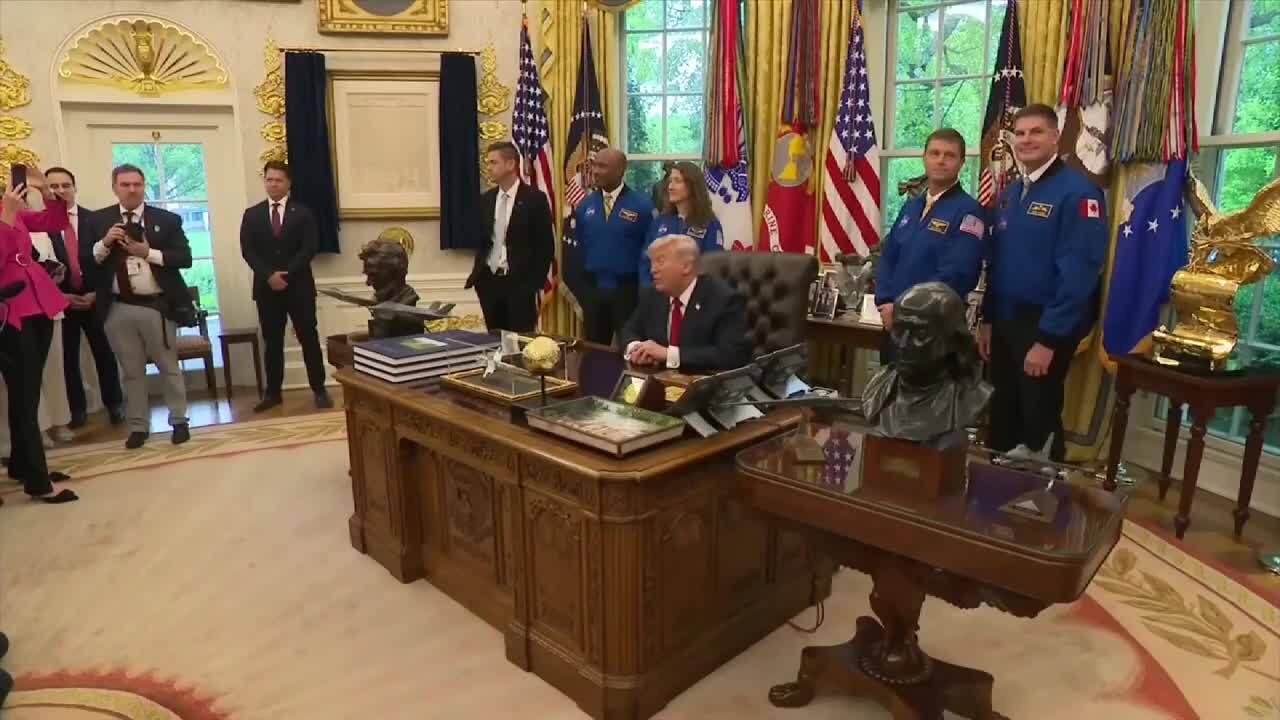 Trump welcomes Artemis II astronauts to Oval Office — and fields questions on Iran, Comey and UFOs