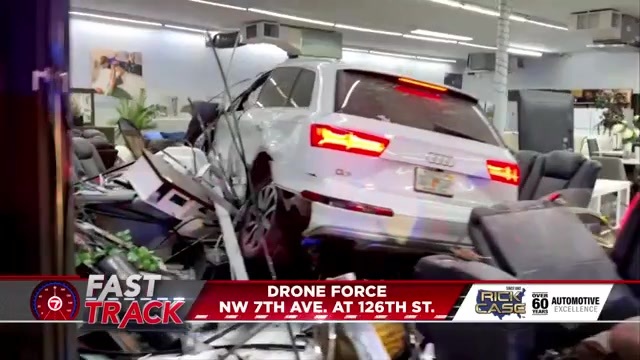 Child hospitalized after SUV slams into North Miami furniture store