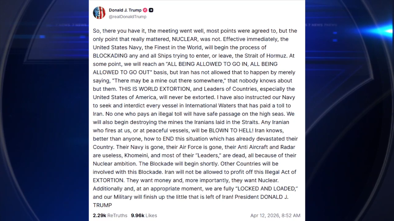Trump threatens Strait of Hormuz blockade after US-Iran ceasefire talks end without agreement