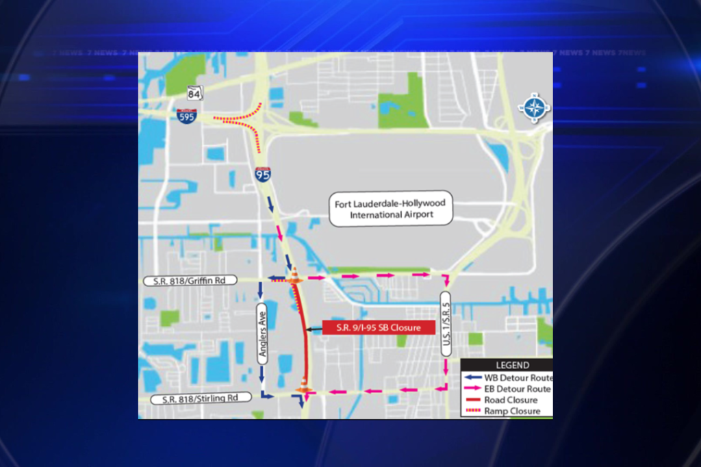 Planned road closures along I-95 southbound in Broward County.
