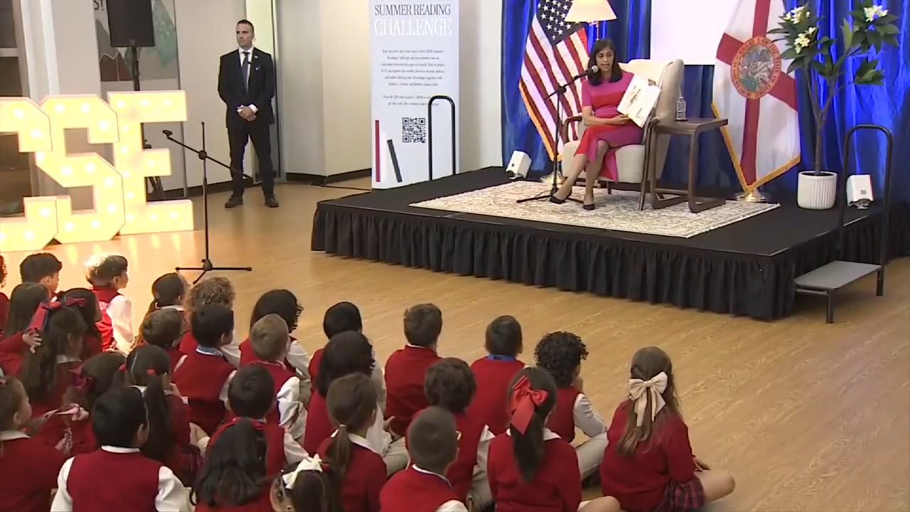 Second Lady Usha Vance unveils summer reading challenge at Academir Charter School East in Doral