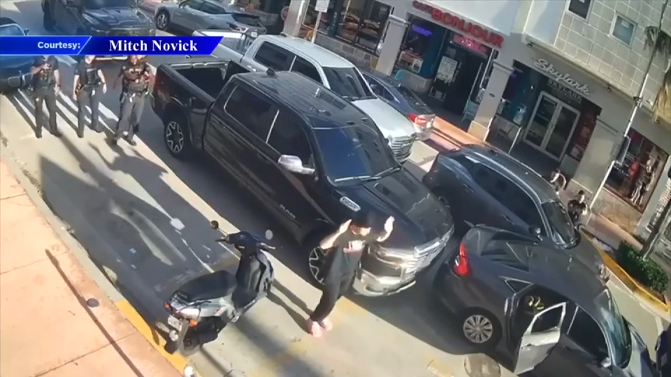 Surveillance video shows takedown of wanted man in Miami Beach accused of burglary at Miami gas station