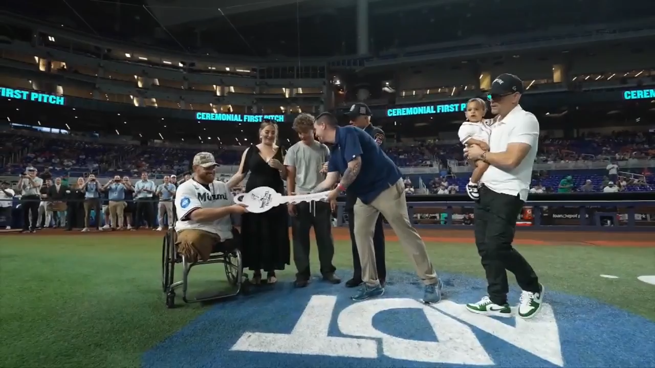 Miami Marlins honor Purple Heart recipient with new home and first pitch at LoanDepot Park