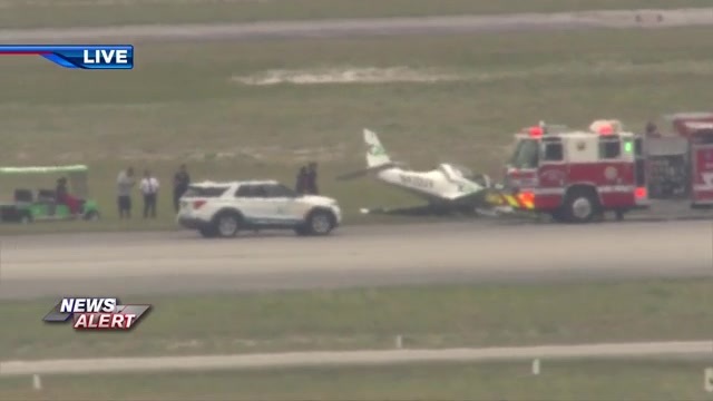 Pilot, trainee OK after small plane skids off runway while l
