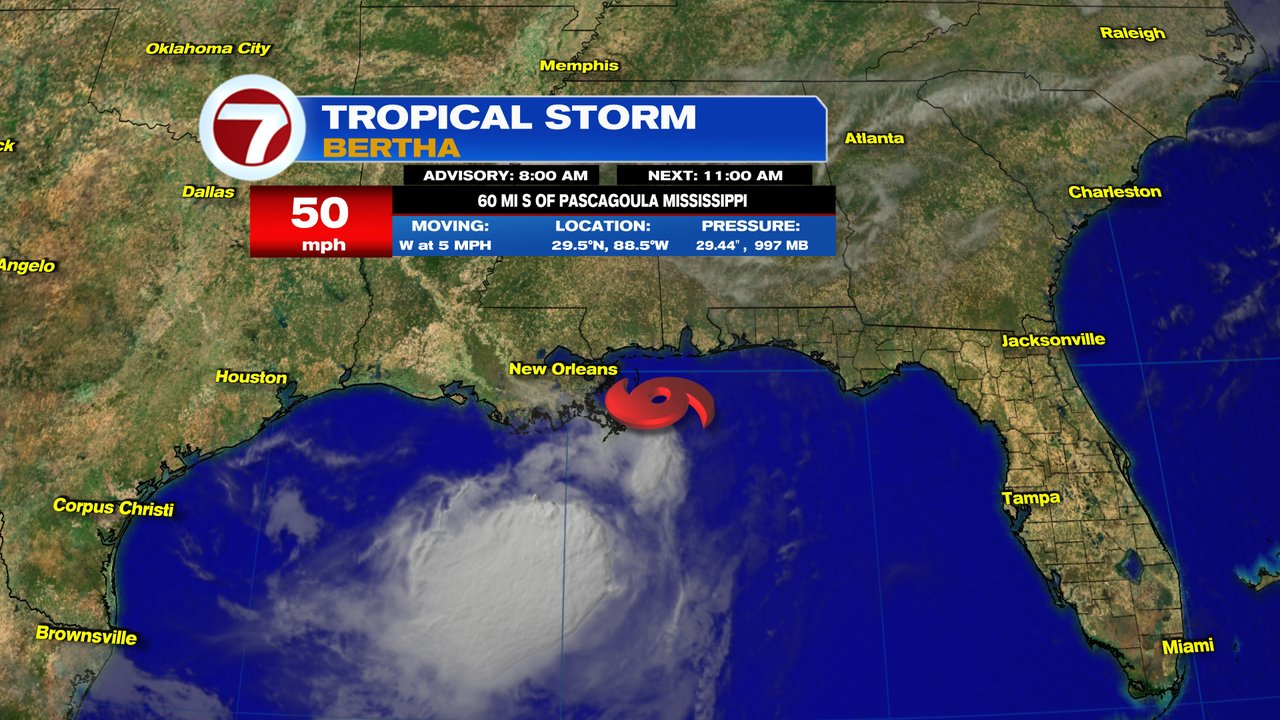 Beaches closed and sandbags filled as Tropical Storm Bertha approaches the Gulf Coast