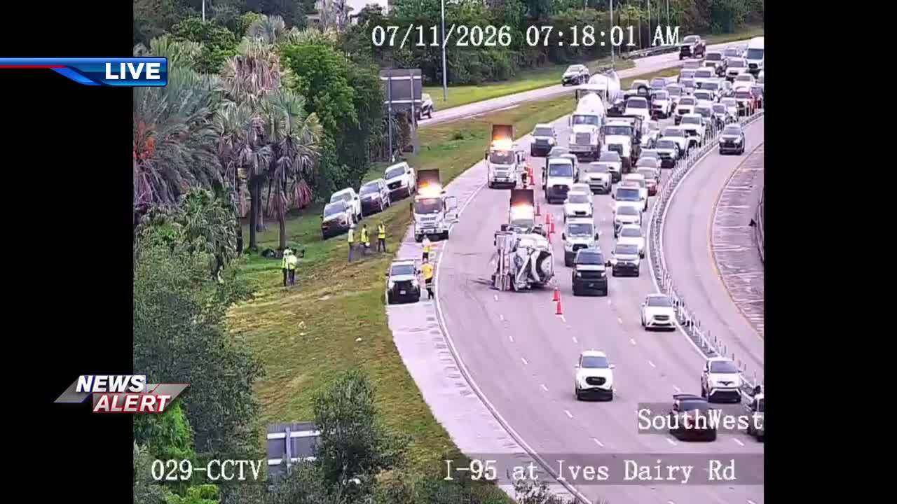 Cement Truck Rollover Closes Northbound I-95 Lanes Near SR 860, Causing Traffic Delays